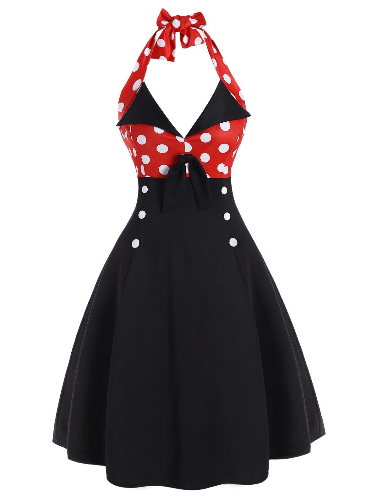 

Polka Dot Halter Mock Button Vintage Dress, Black