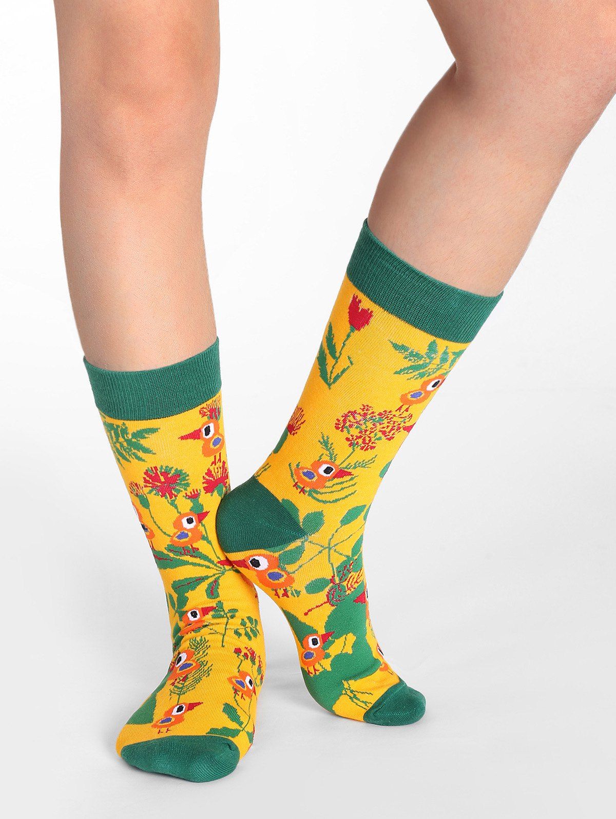 

Colorblock Floral Birds Print Crew Socks, Orange gold
