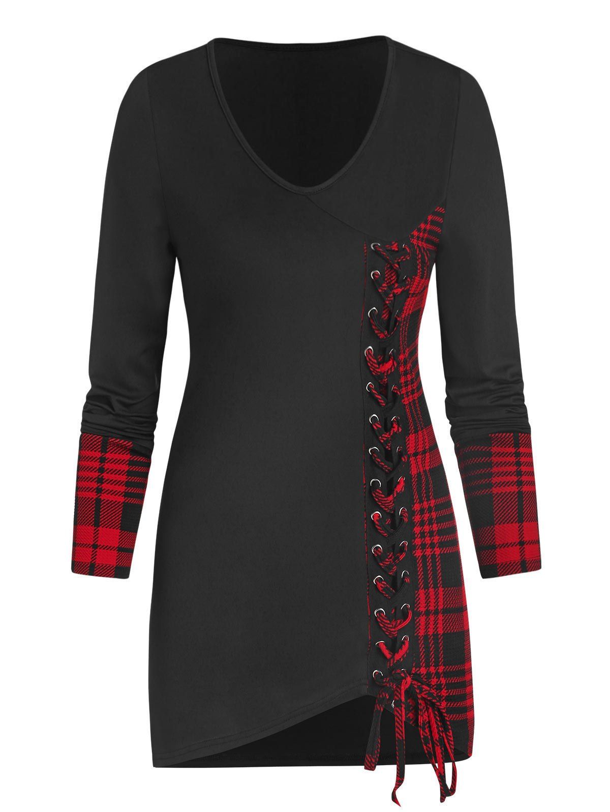 

Tartan Panel Lace Up High Low T Shirt, Black