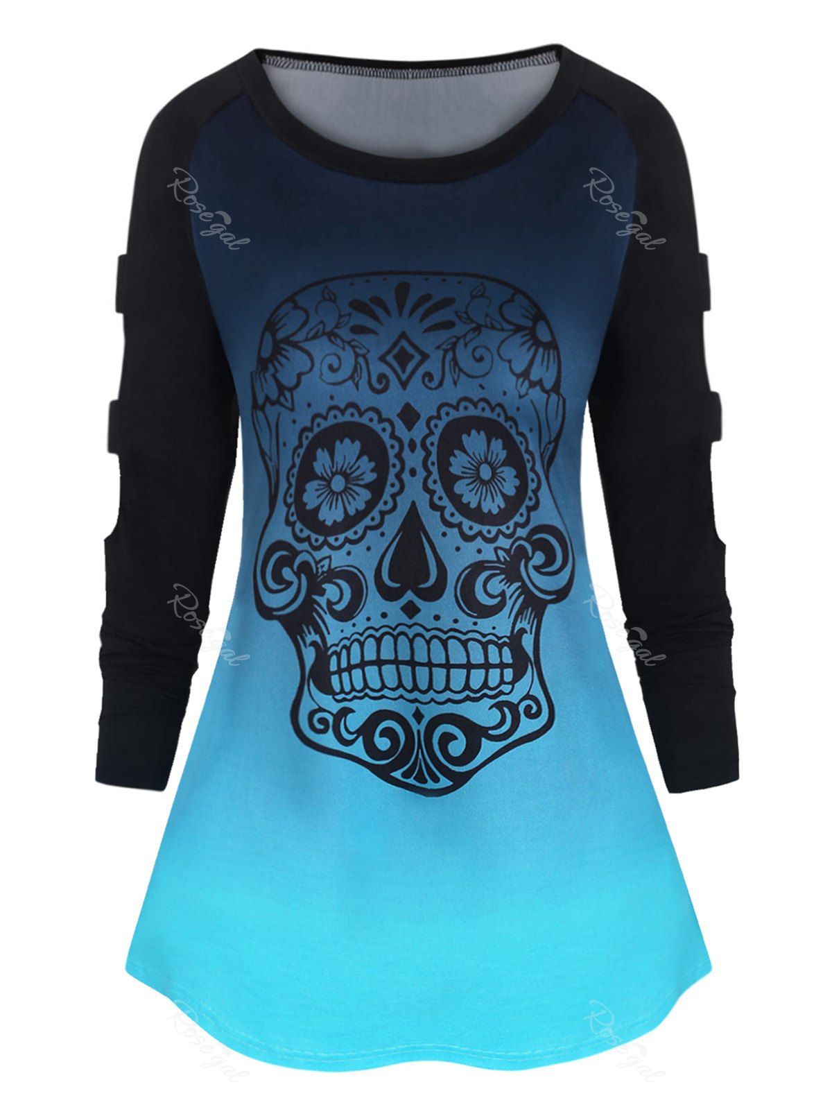 

Plus Size Ombre Color Ladder Cut Skull Print TShirt, Blue zircon