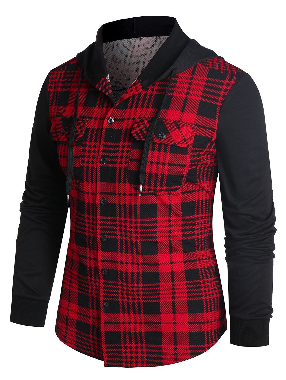 

Plaid Print Double Pockets Hooded Button Up Shirt, Red