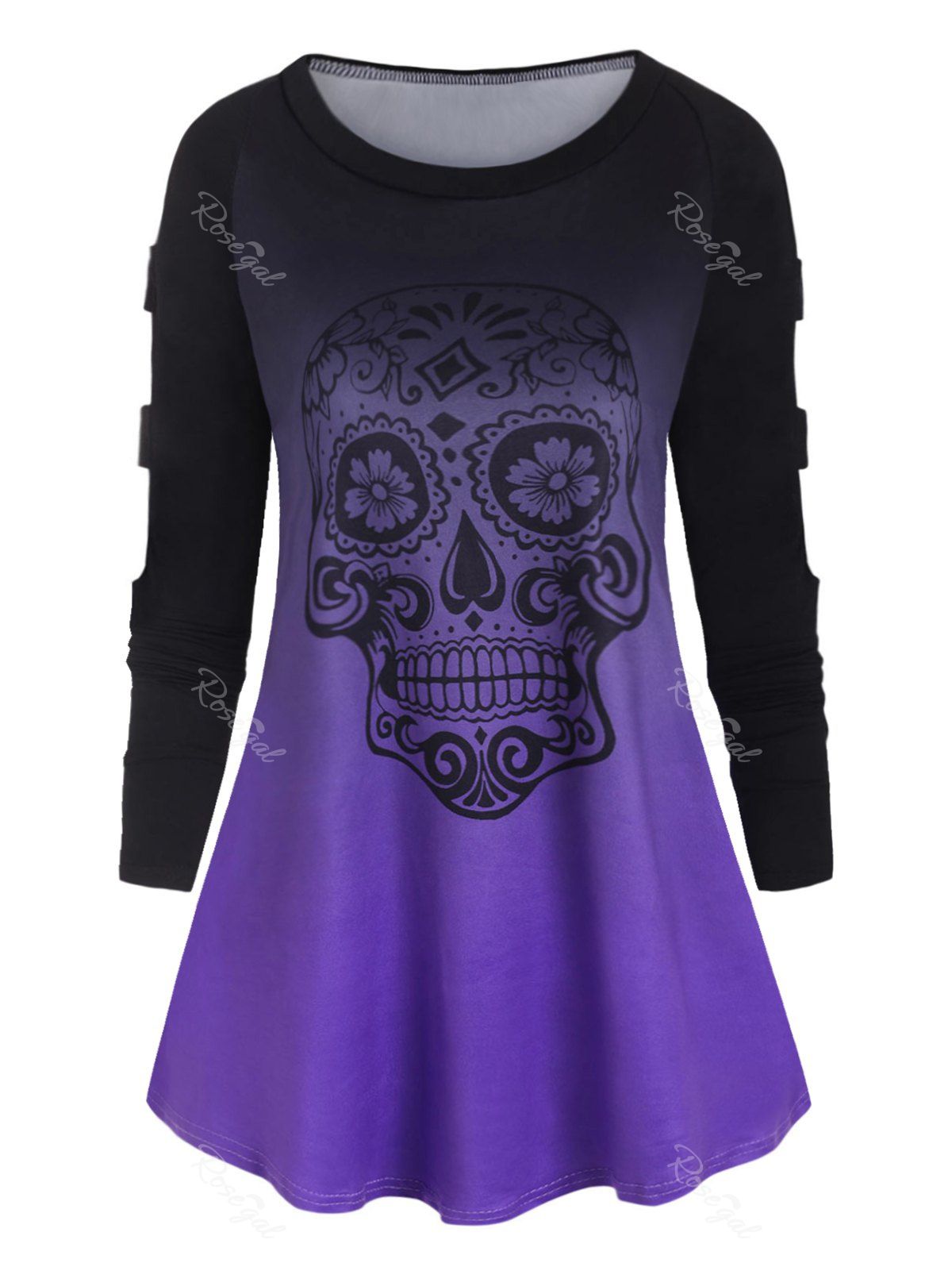 

Plus Size Ombre Color Ladder Cut Skull Print TShirt, Purple