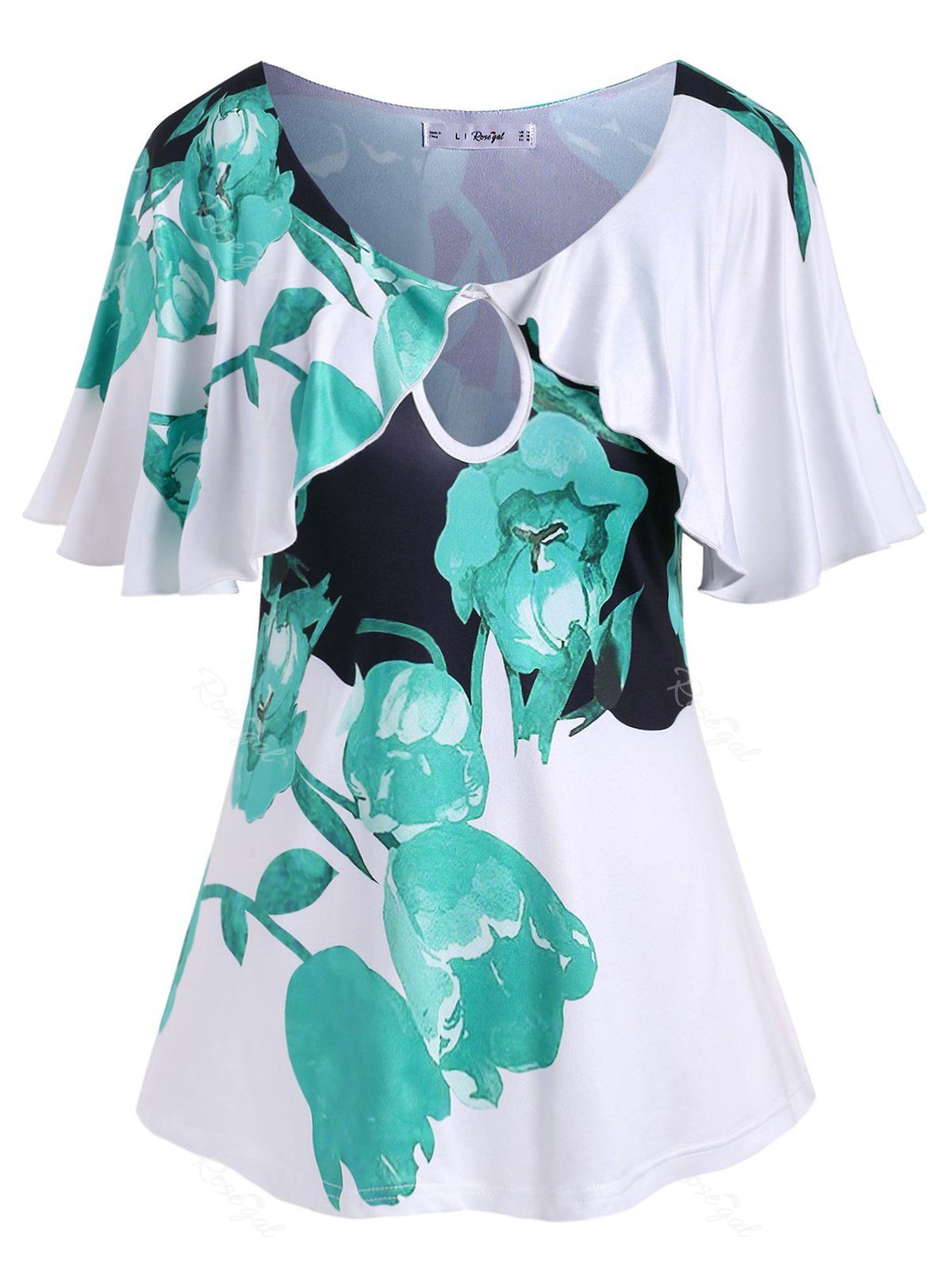 

Plus Size Keyhole Flutter Sleeve Floral Print T Shirt, Light sea green