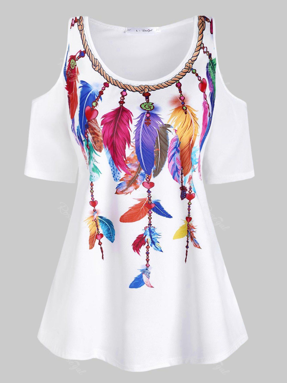 

Feather Print Open Shoulder T Shirt, White