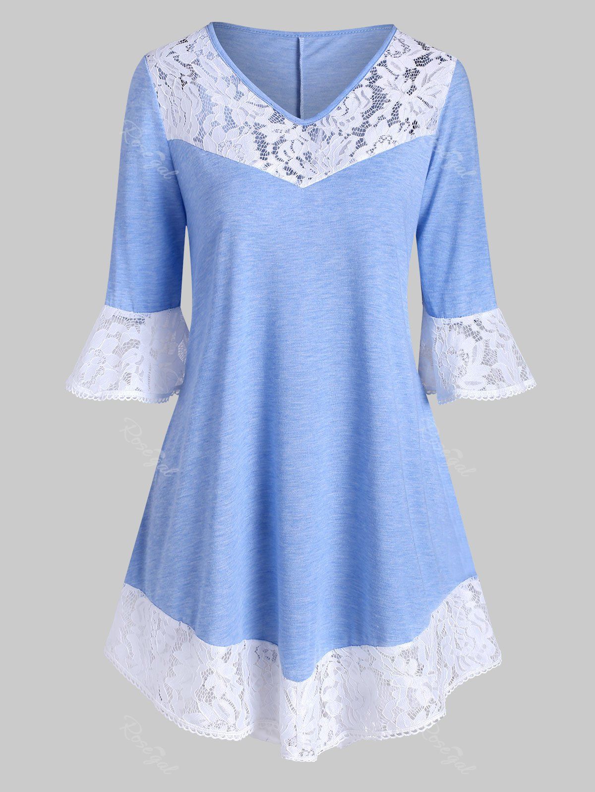 

Plus Size V Neck Lace Panel Tunic Top, Denim blue