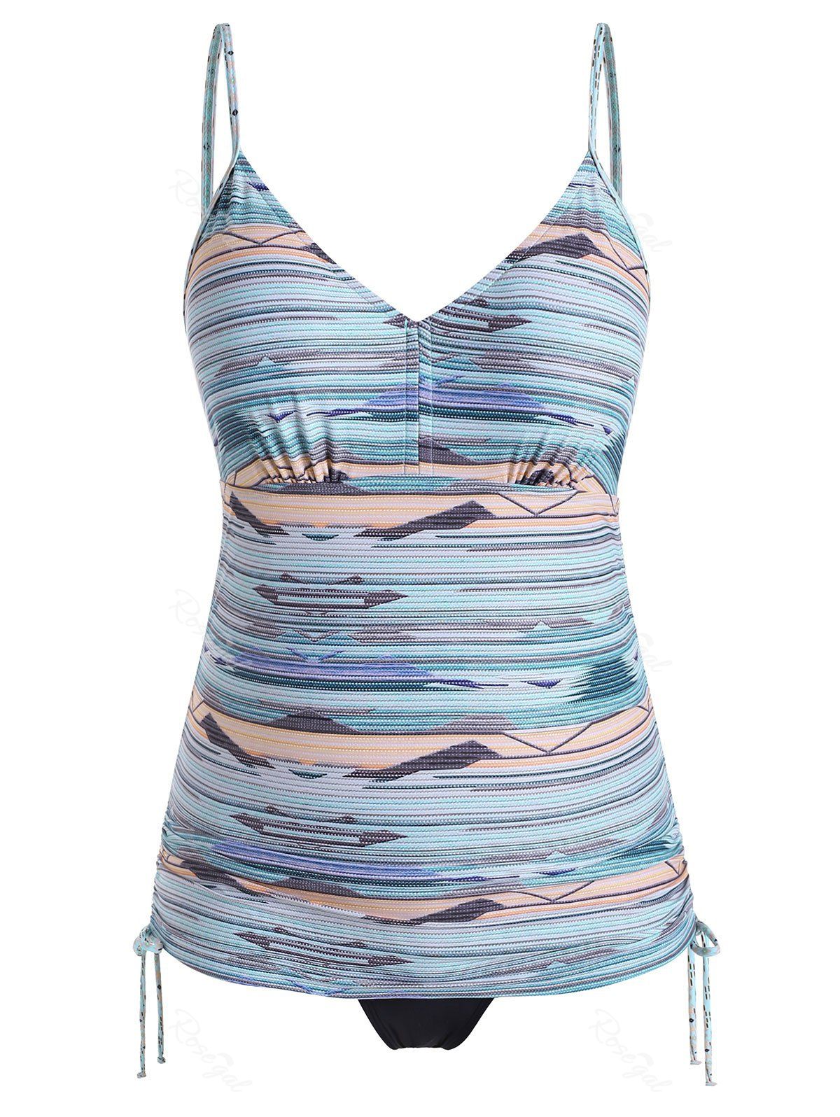 

Plus Size Cinched Ruched Striped Tankini Swimsuit, Day sky blue