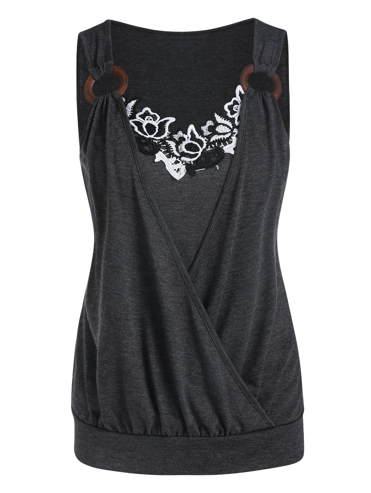 

O Ring Lace Insert Surplice Tank Top, Carbon gray