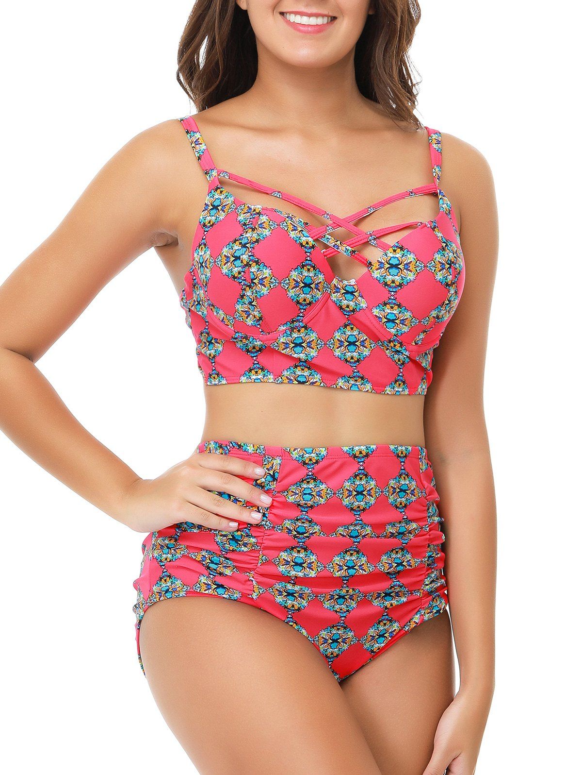 

Printed Criss Cross Ruched Tankini Set, Watermelon pink