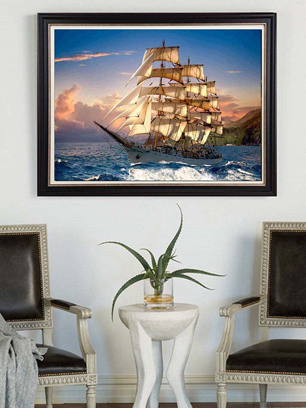 

Sail Boat Unframed DIY Rhinestone Painting, Silk blue