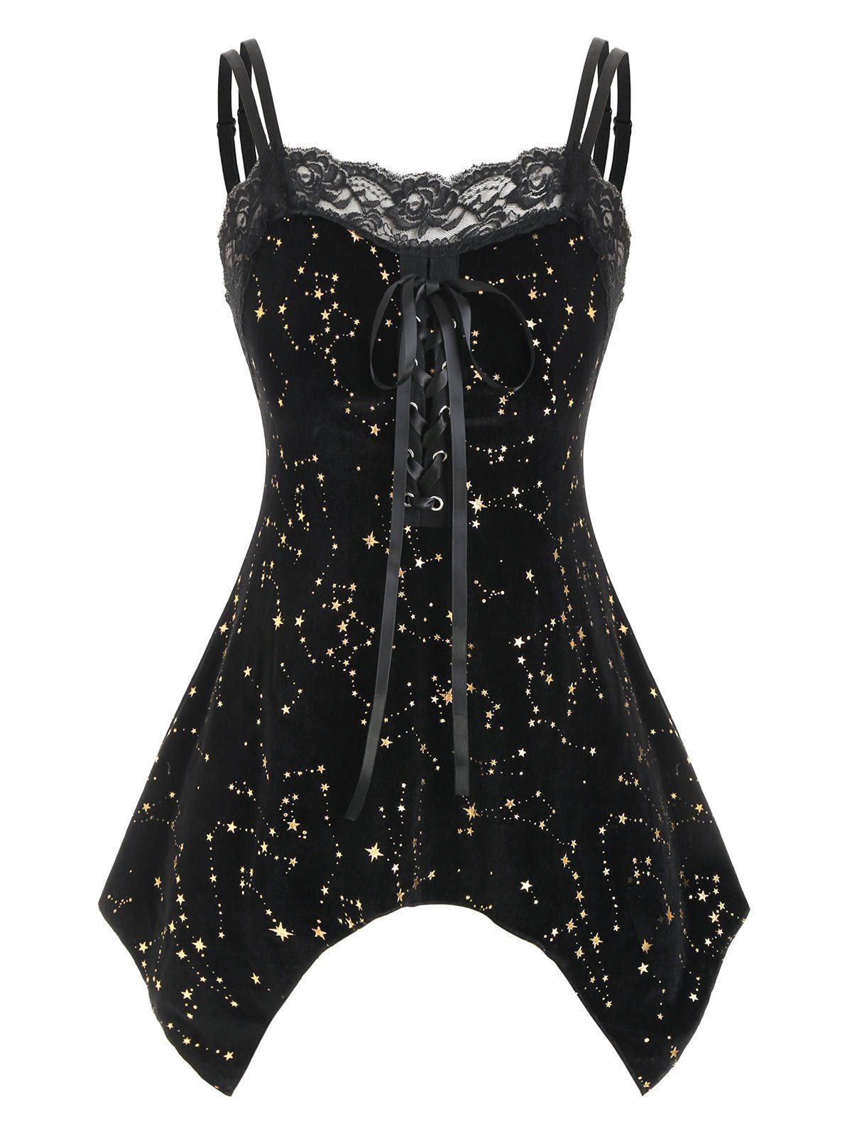 

Sparkly Star Velvet Lace Insert Lace-up Handkerchief Camisole, Black