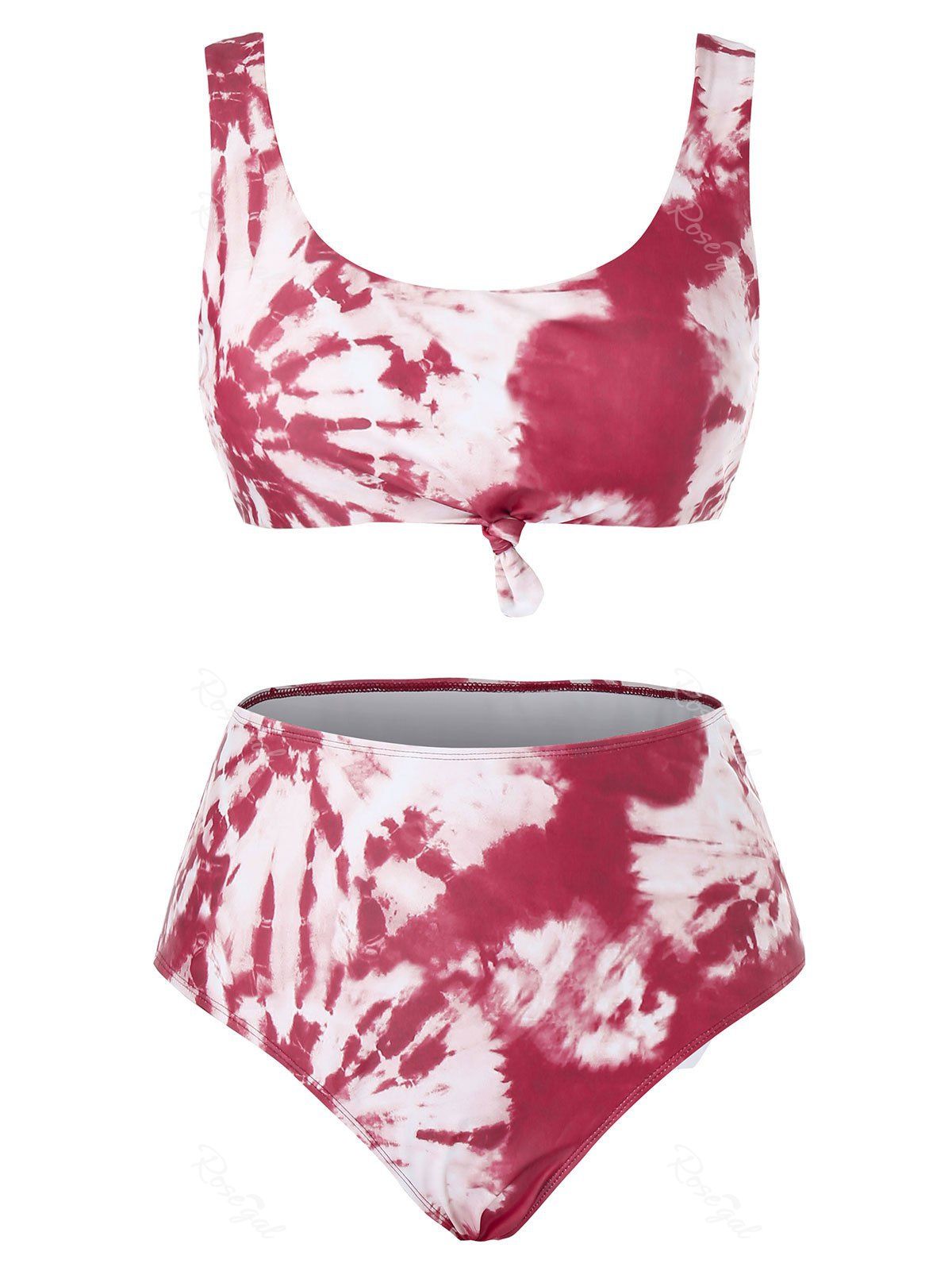 

Plus Size Front Knot Tie Dye Tankini Swimsuit, Red wine