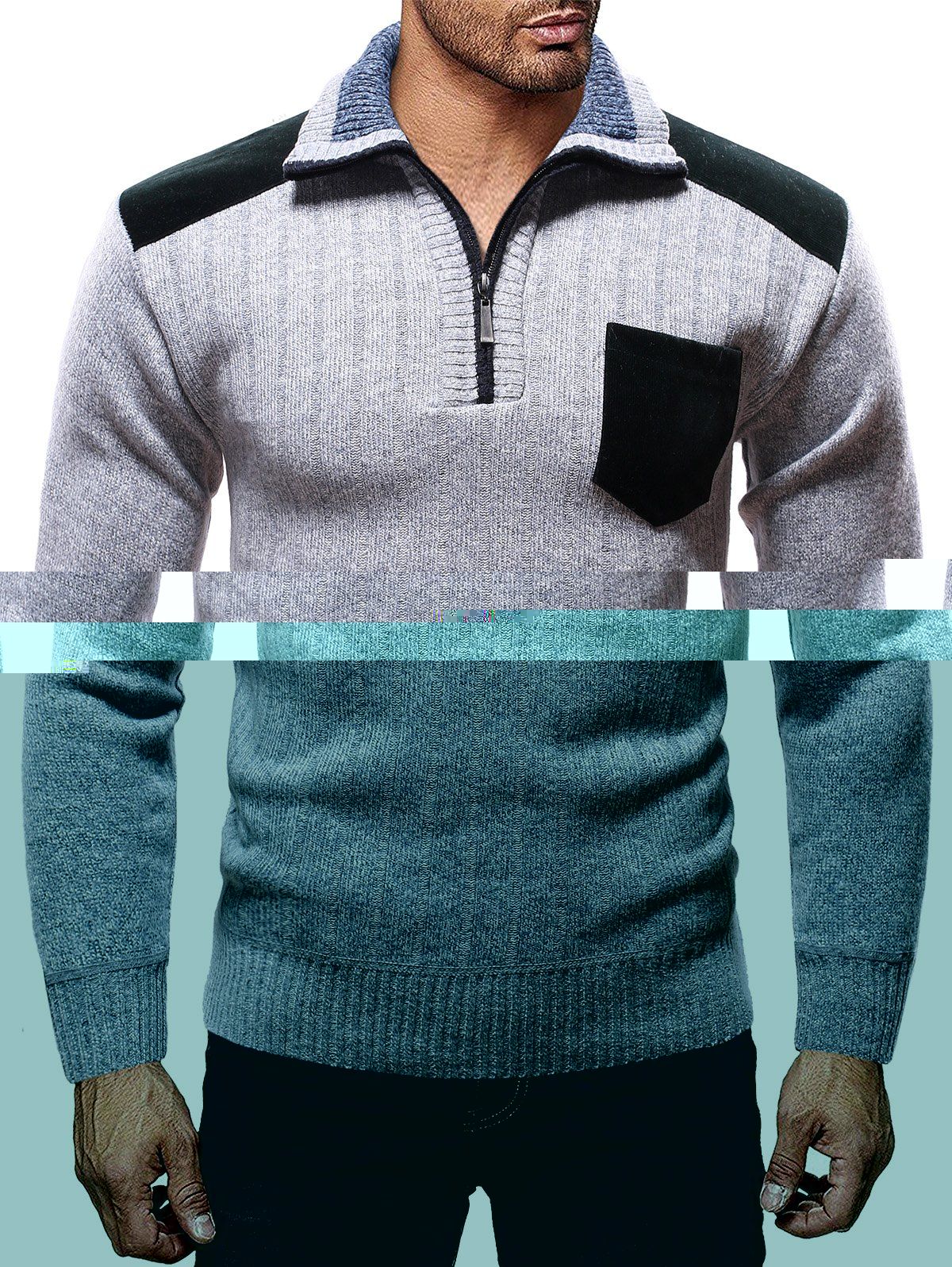 

Color Spliced Pocket Casual Sweater, Light gray