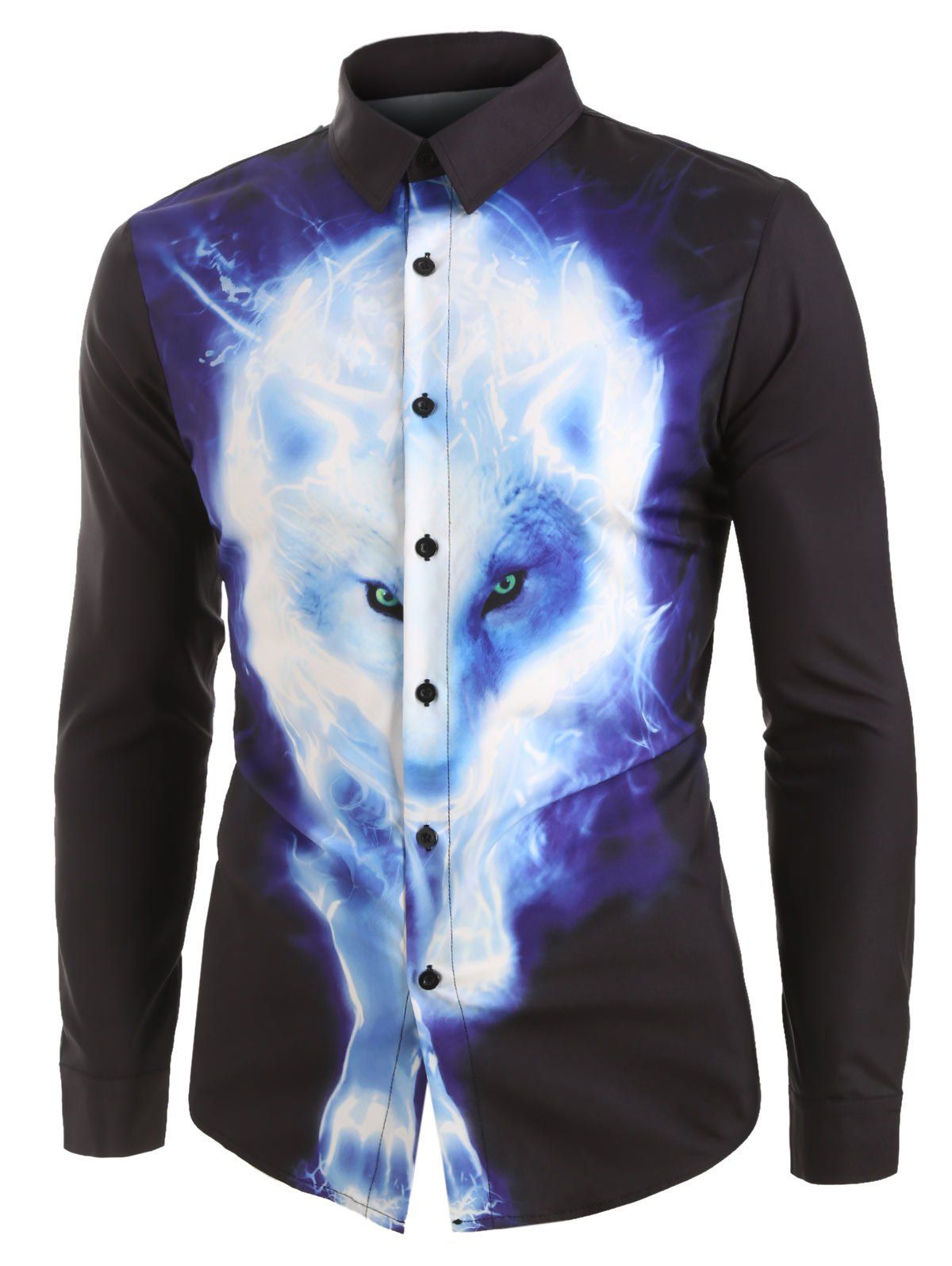 

Wolf Print Button Long-sleeved Shirt, Black