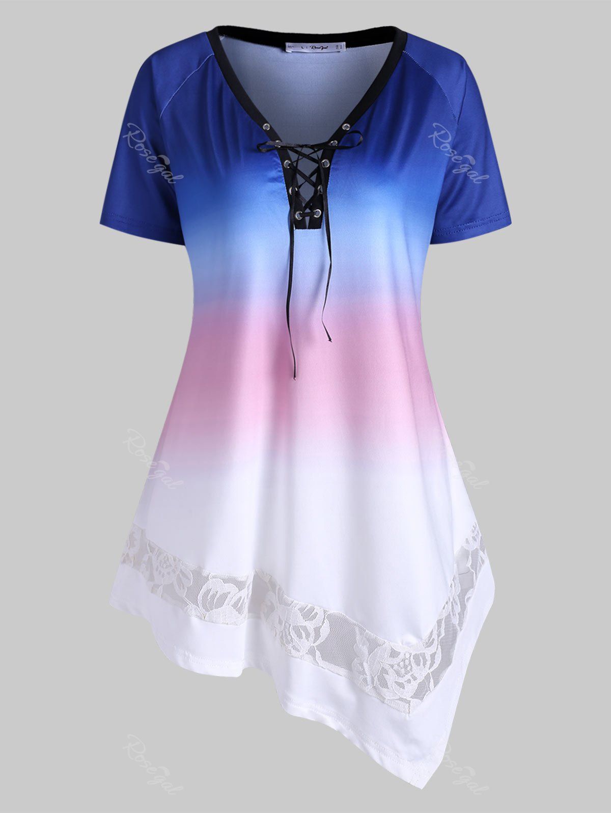 

Plus Size Lace-up Ombre Lace Panel Asymmetrical Tunic Top, White