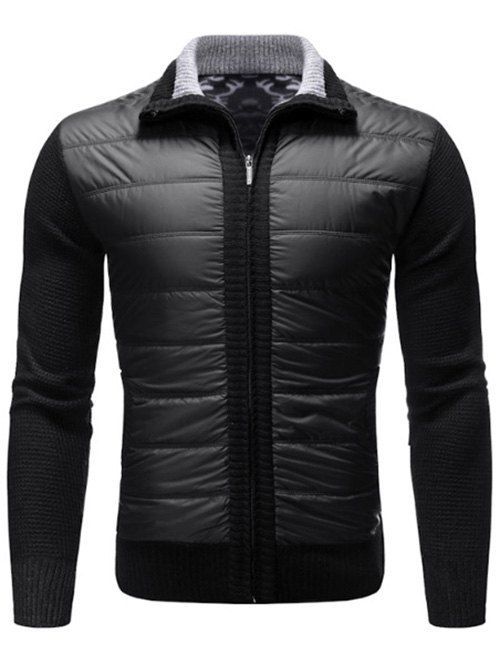 

Quilted Spliced Casual Zip Cardigan, Black