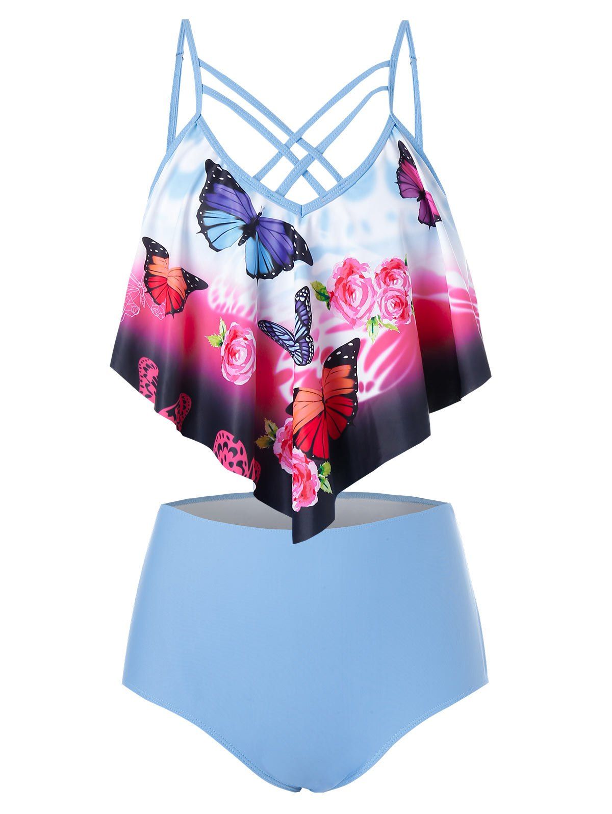 Trendy Plus Size Floral Butterfly Print Crisscross Tankini Swimsuit  
