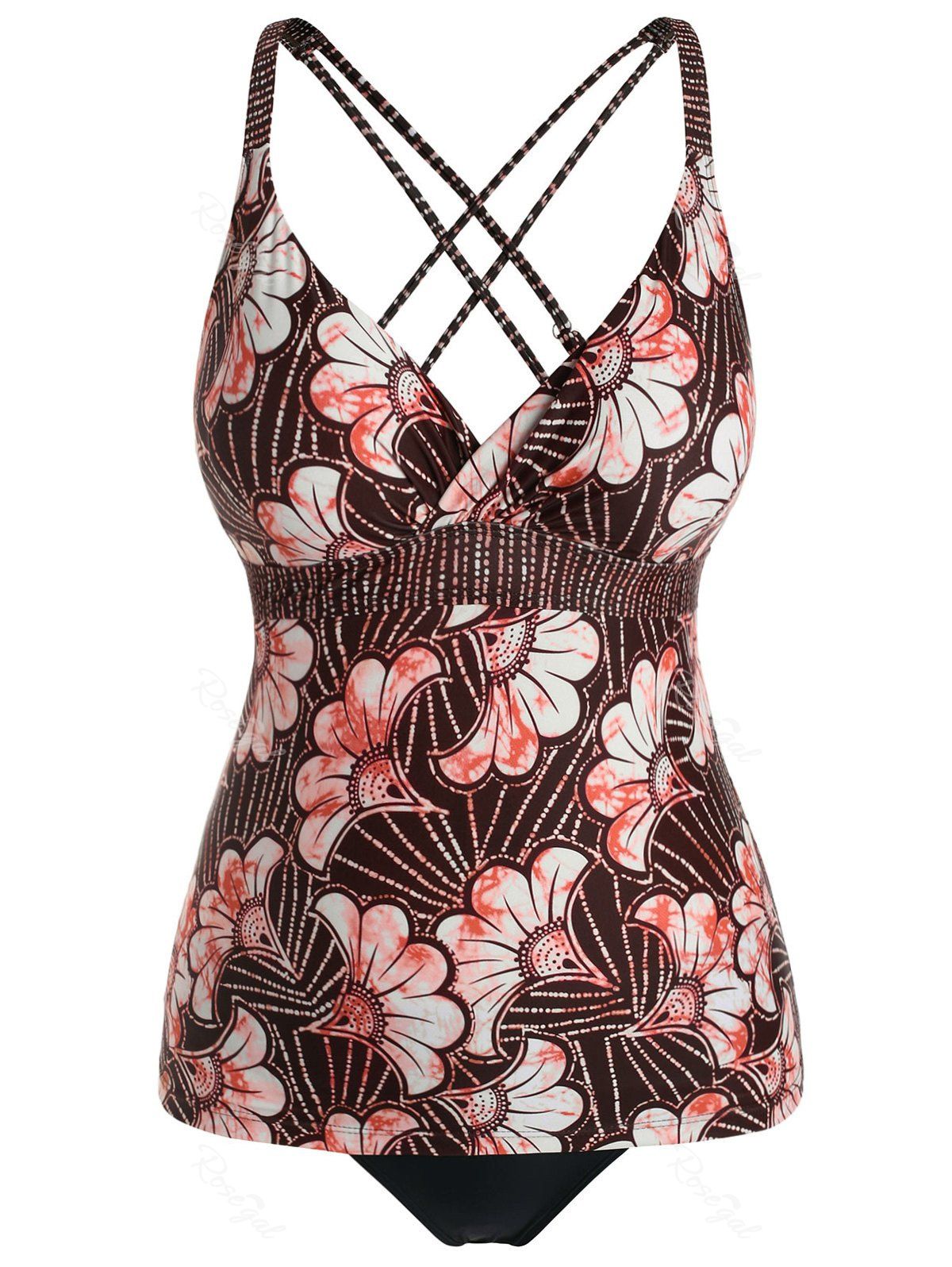 

Plus Size Printed Surplice-front Crisscross Tankini Swimsuit, Deep coffee