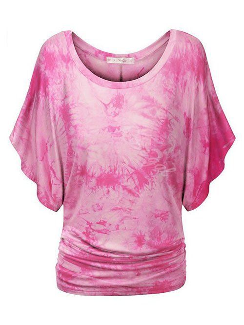 

Plus Size Tie Dye Ruched Batwing Sleeve Top, Neon pink