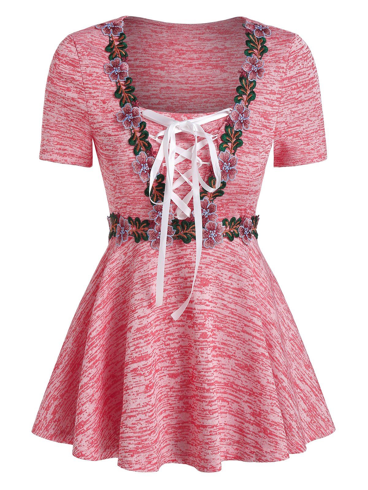 

Floral Embroidery Lace Up Short Sleeve T Shirt, Pink rose