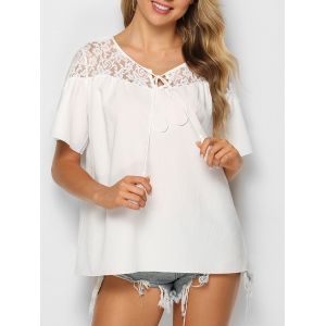 

Flower Lace Insert Knotted Tasseled Blouse, White