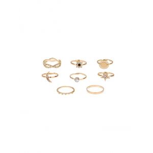 

8 Piece Rhinestone Star Moon Floral Finger Rings Set, Gold