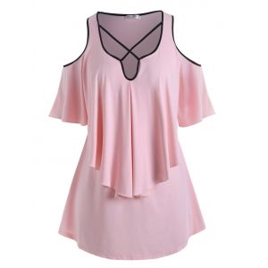 

Plus Size Crisscross Cold Shoulder Ruffled T Shirt, Pink