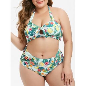

Plus Size Floral Leaf Banana Halter Ruched Bikini Swimsuit, Robin egg blue
