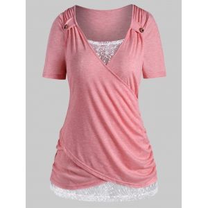 

Plus Size Lace Insert Crossover T Shirt, Light pink