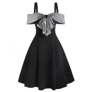 

Sequin Panel Open Shoulder Bow Detail Skater Dress, Black