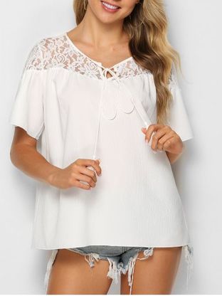 Flower Lace Insert Knotted Tasseled Blouse