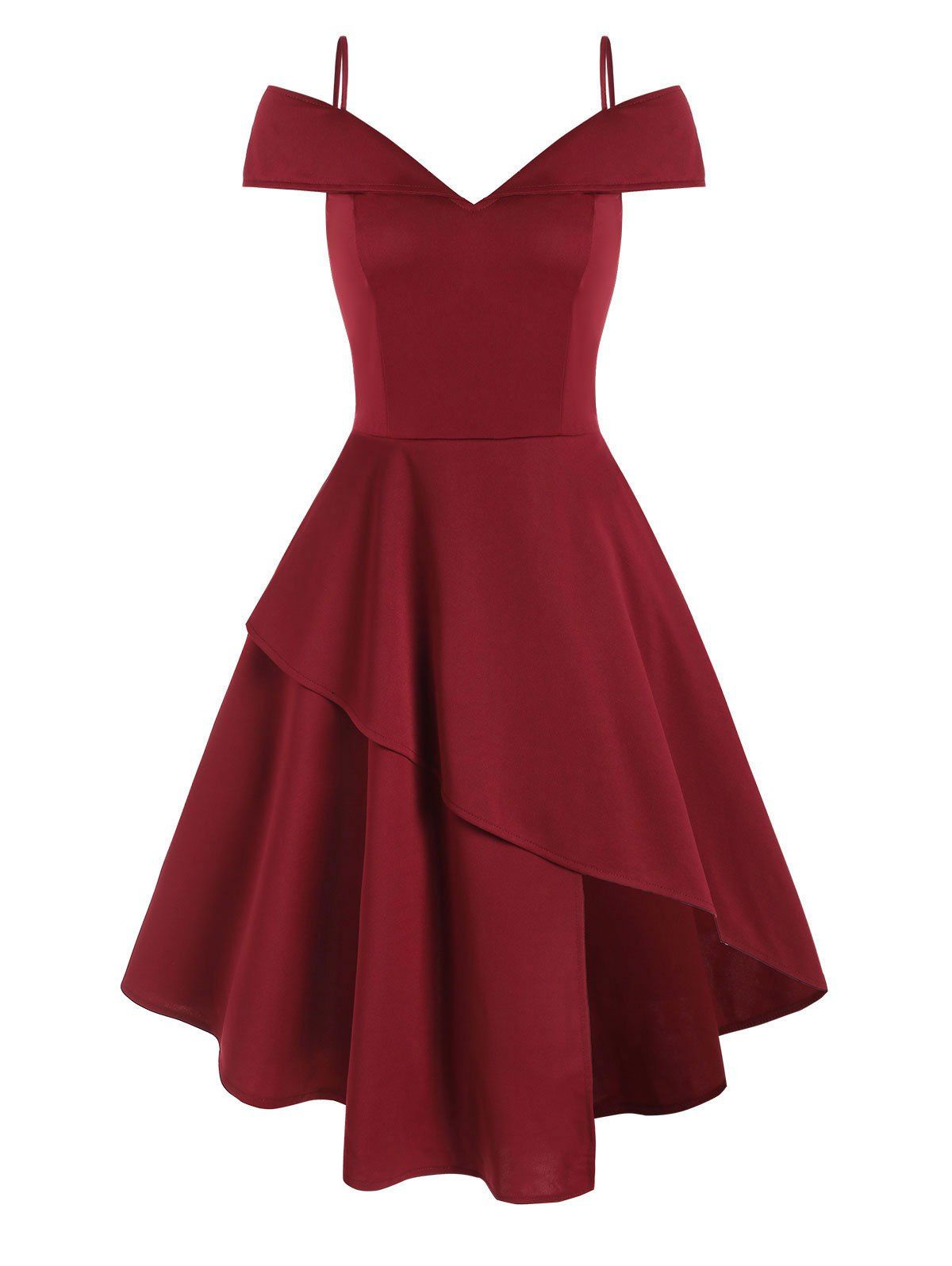 

Cami Open Shoulder Foldover Asymmetrical Dress, Red wine