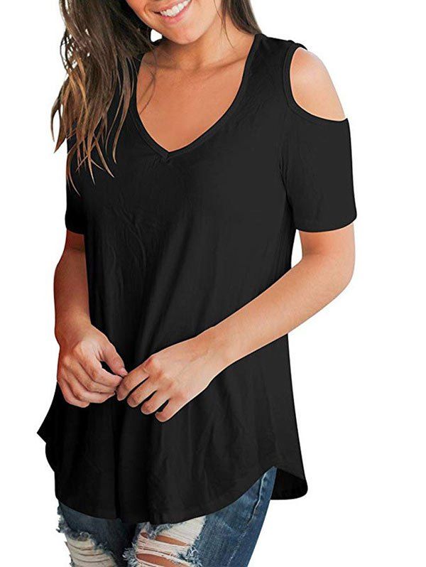 

V Neck Cold Shoulder Curved Hem Tee, Black
