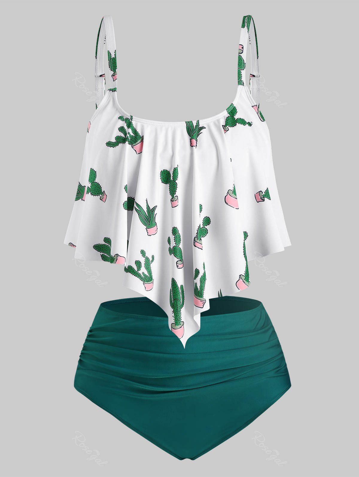 

Plus Size Overlay Cactus Print Tankini Swimwear, Greenish blue