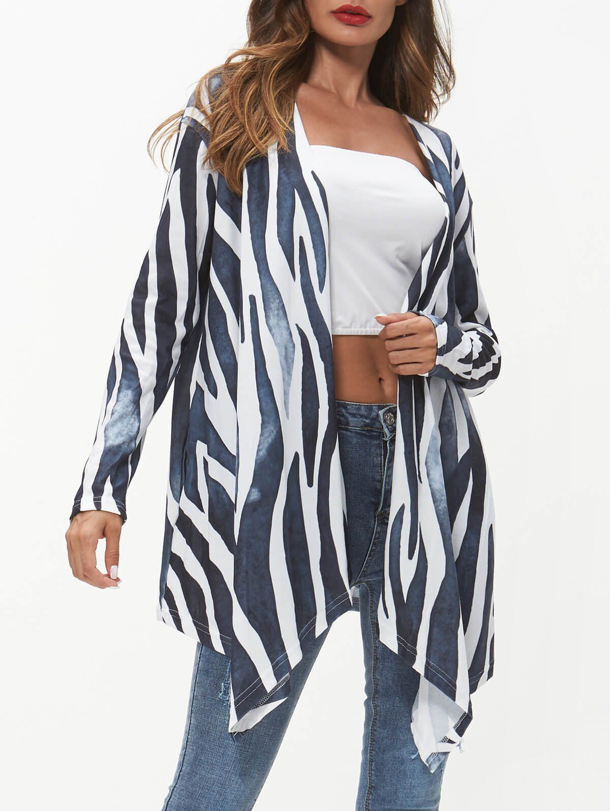 

Lines Print Open Front Asymmetric Coat, Multi-a