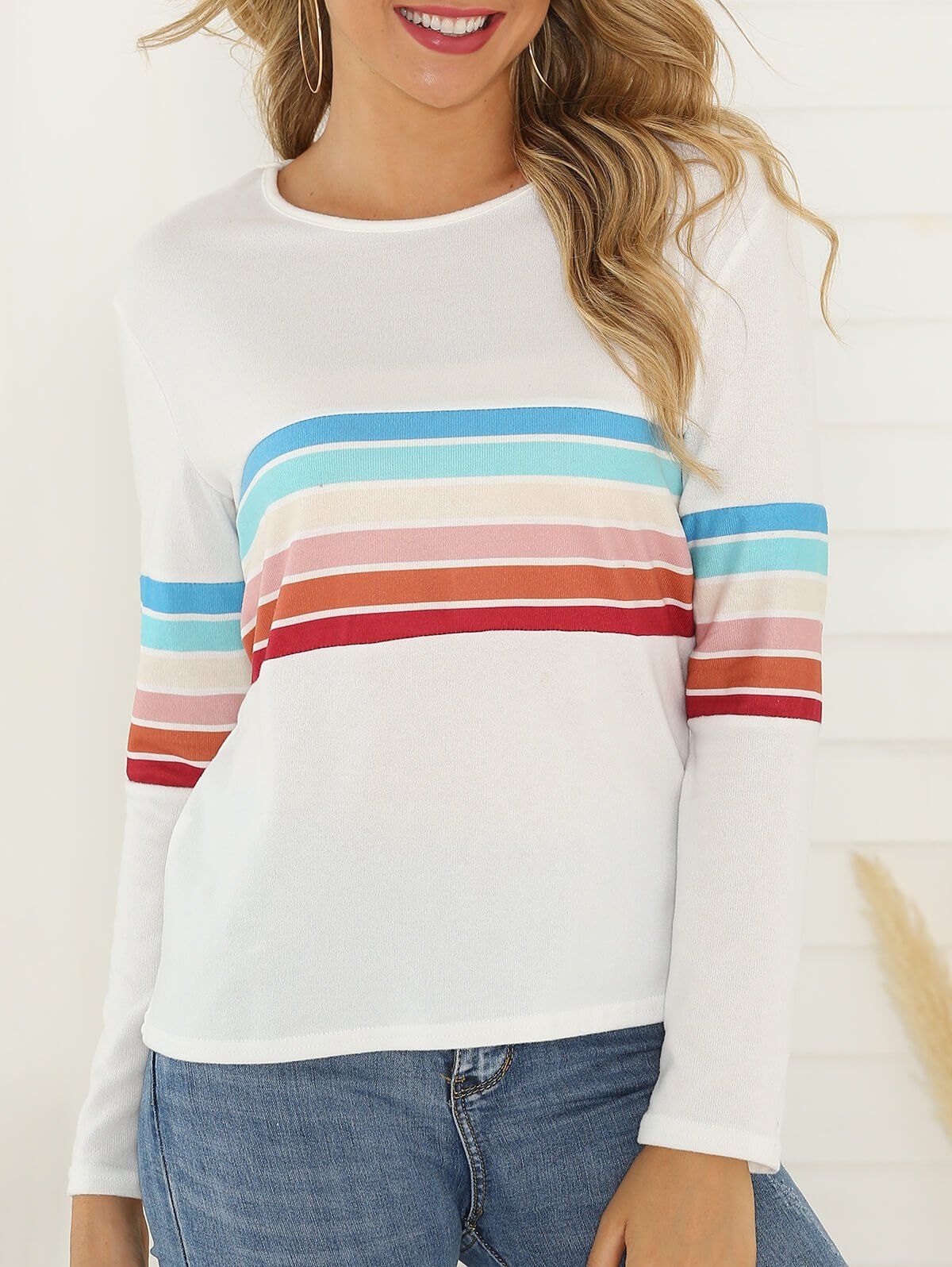 

Long Sleeve Colorful Stripe Print T-shirt, White