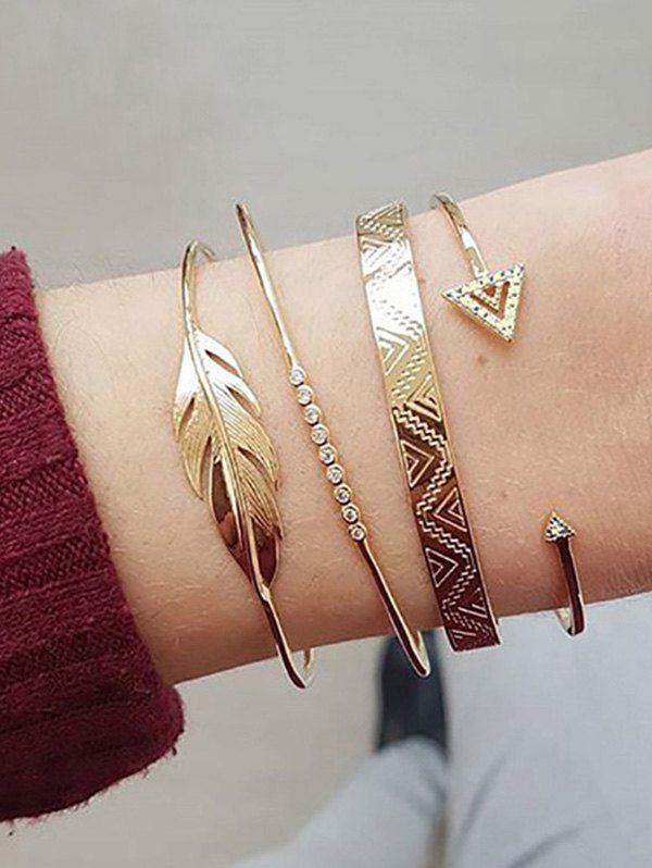 

4Pcs Triangle Feather Shape Open Bracelet Set, Gold