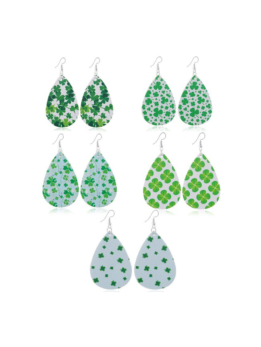 

5Pairs Clover Print Teardrop Earrings Set, Multi