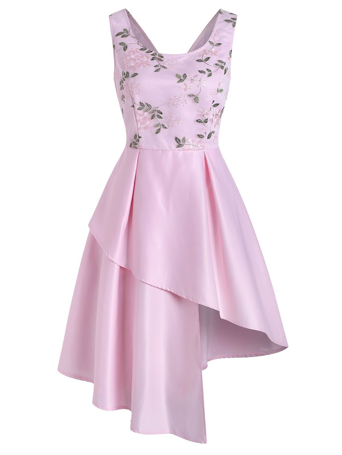 

Lace Flower Embroidered Sleeveless Asymmetrical Dress, Pink