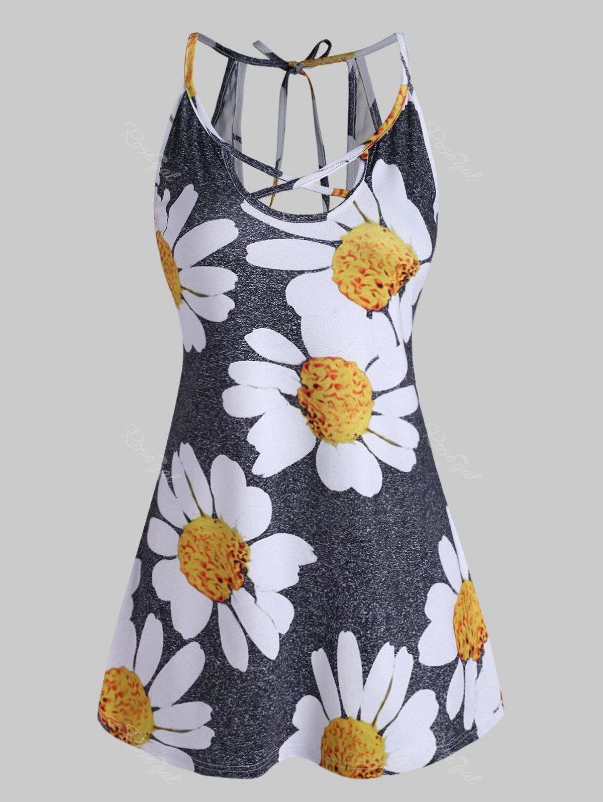 

Plus Size Back Tie Crisscross Floral Print Tank Top, Dark slate grey