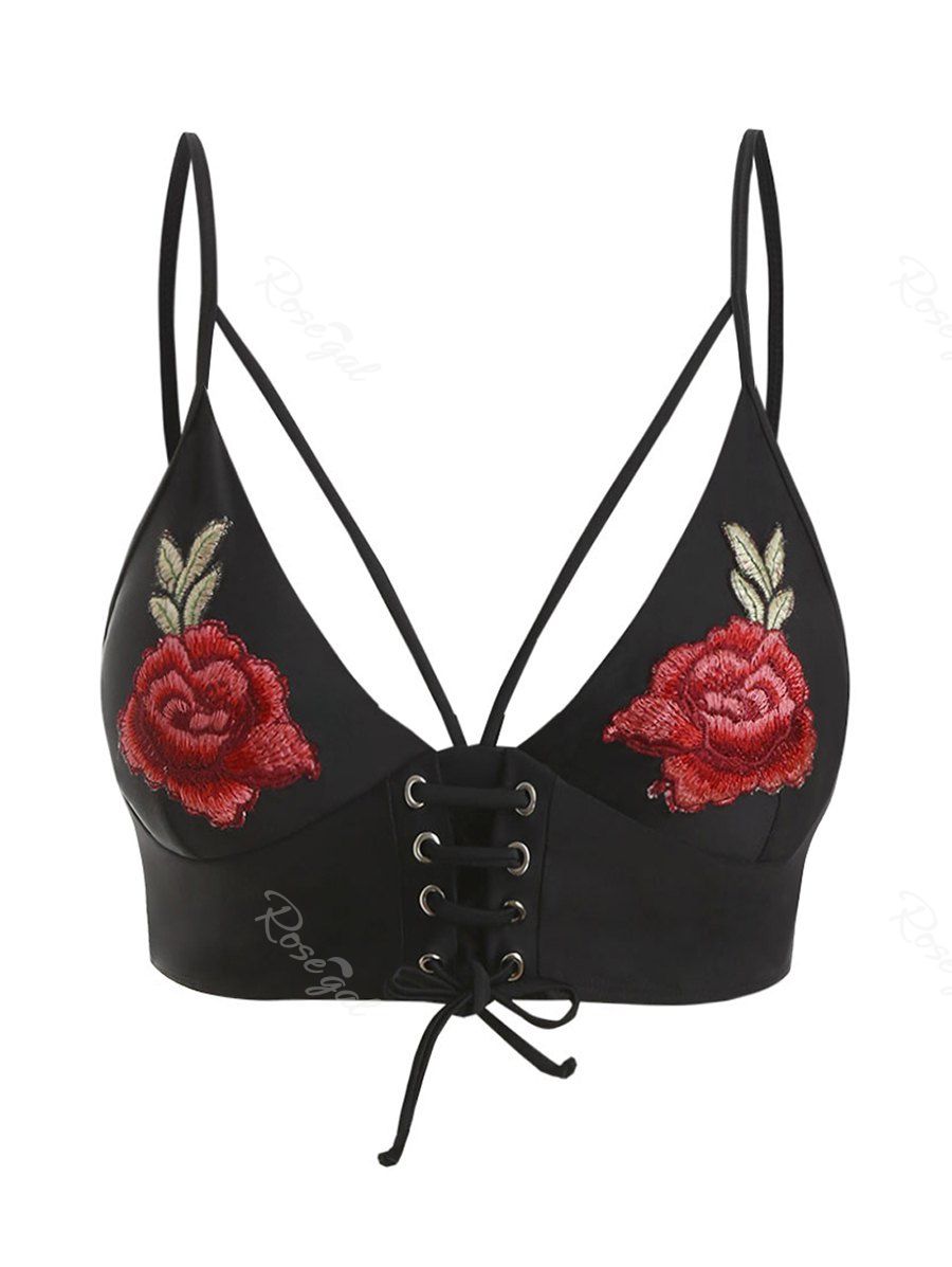 

Lace Up Floral Embroidered Harness Plus Size Swim Top, Black