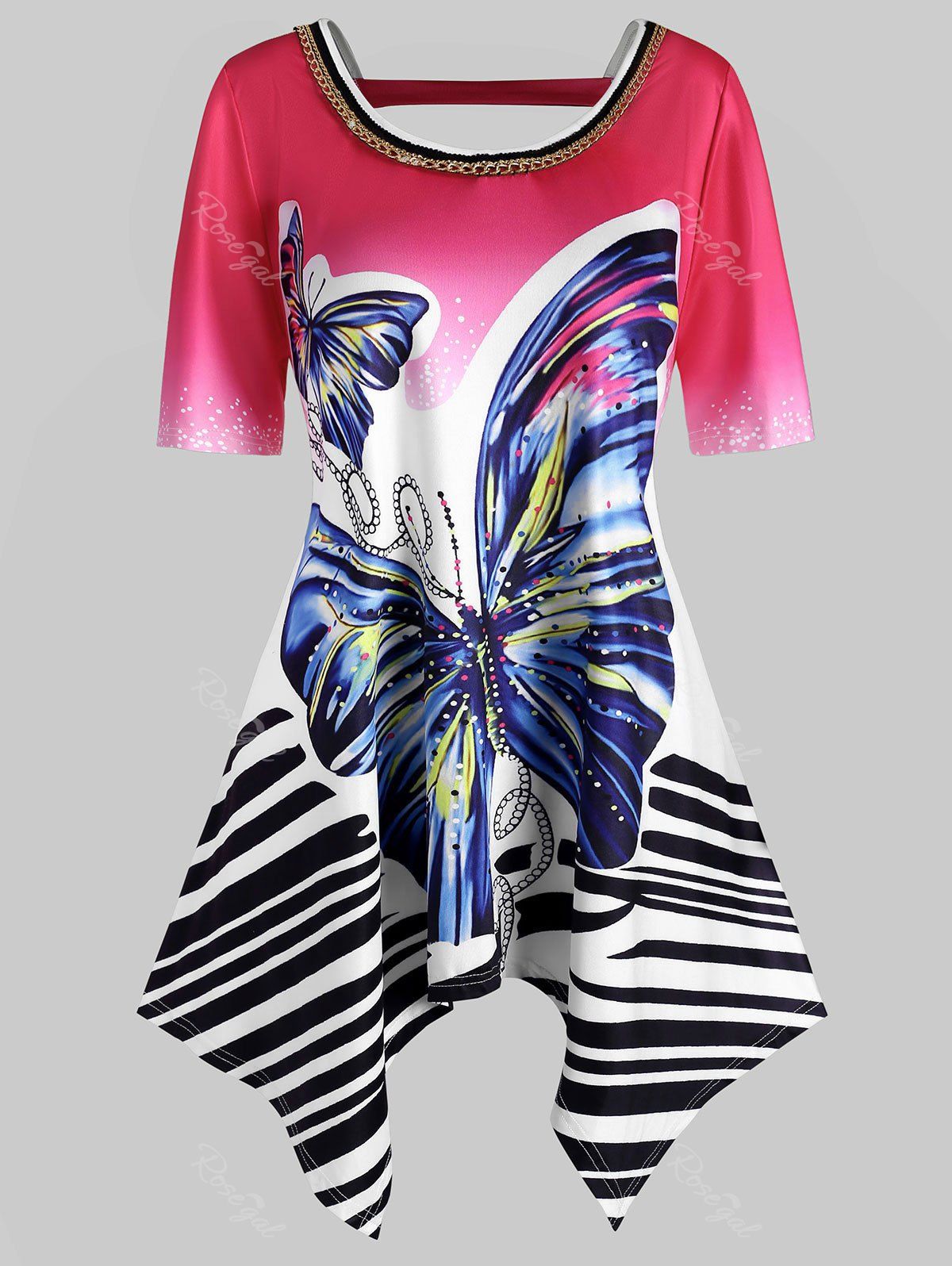 Plus Size Handkerchief Butterfly Print T Shirt, Violet red