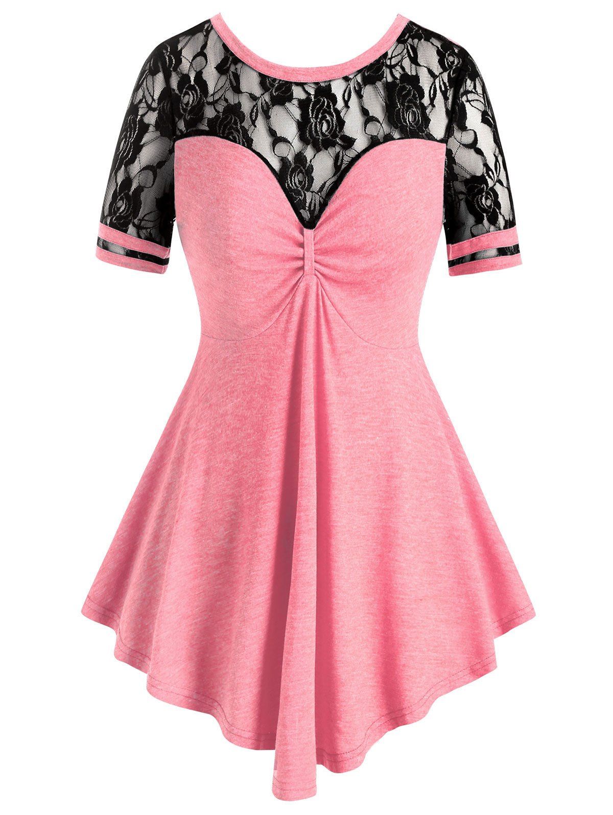 

Lace Panel Knotted Curved Hem T-shirt, Orange pink