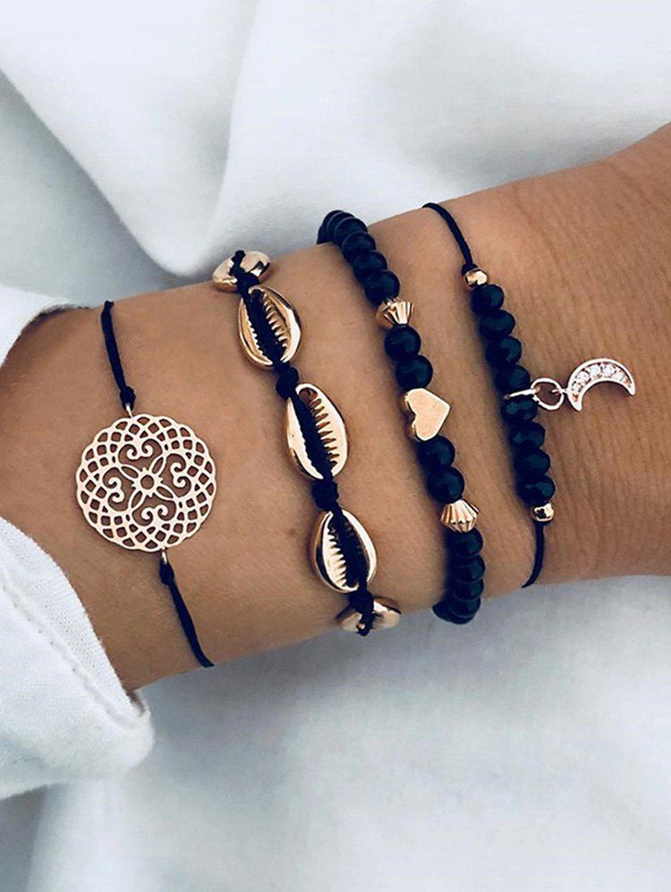 

Shell Hollow Flower Beaded Bracelets Set, Black