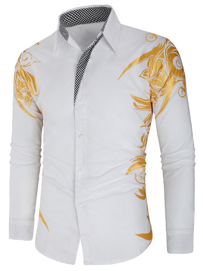

Gilding Print Plaid Panel Button Up Shirt, White