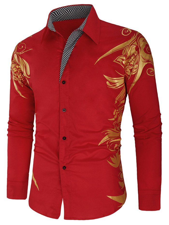 

Gilding Print Plaid Panel Button Up Shirt, Red