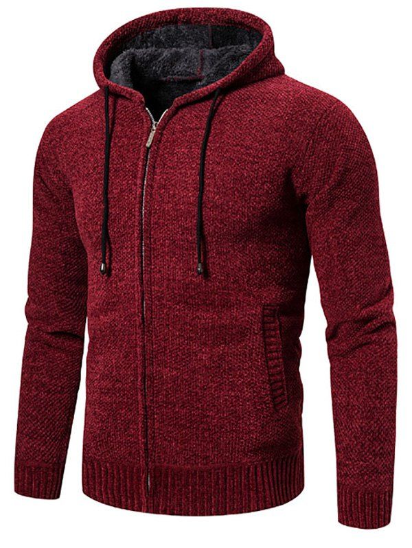 

Solid Color Zipper Hooded Cardigan, Red wine