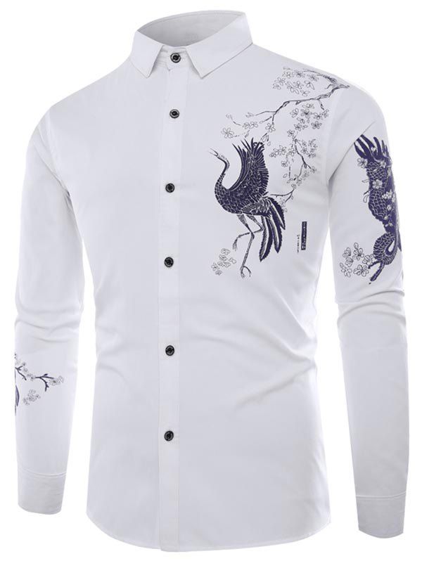 

Chinese Animal Graphic Button Up Long Sleeve Shirt, White