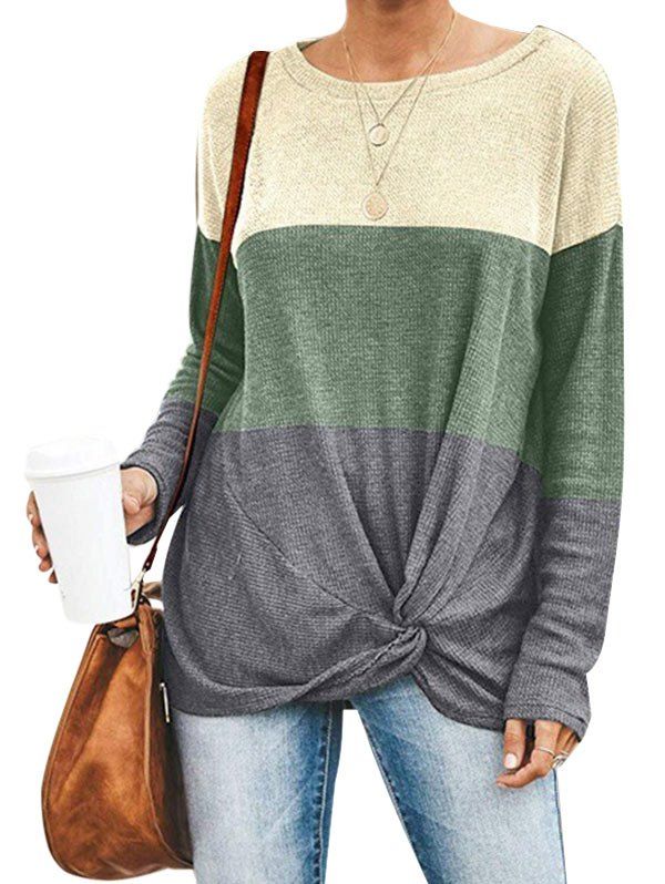 

Colorblock Twist-front Long Sleeve Top, Dark turquoise