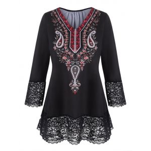 

Plus Size Lace Trim Floral Paisley Print T Shirt, Black