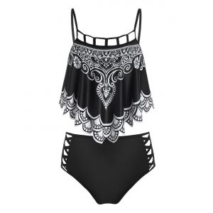 

Crisscross Tribal Print Tankini Swimwear, Black